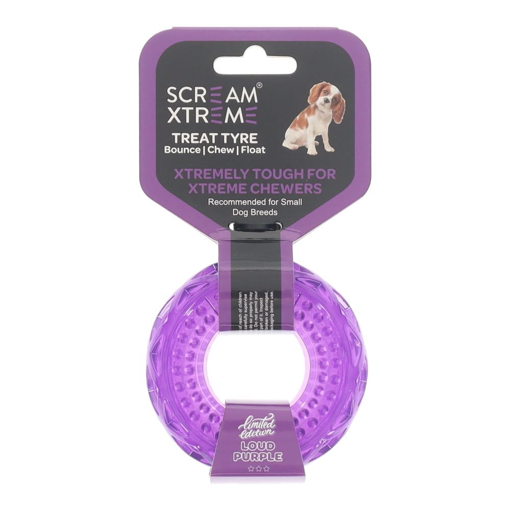 Scream Xtreme Treat Tyre Loud Purple Dog Chew Toy
