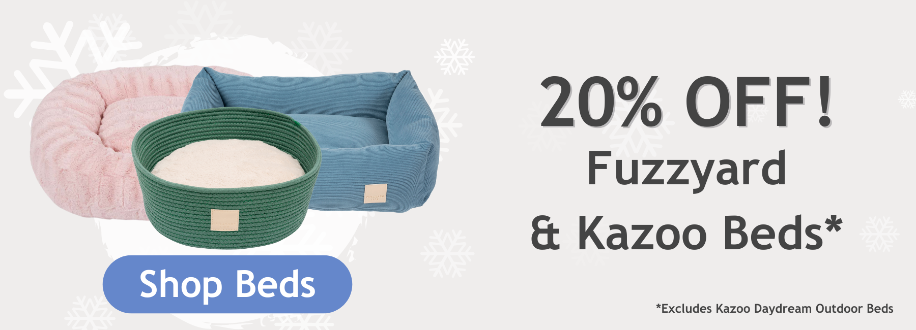 3 beds together showcasing the Kazoo Loop Bed in Blush, Fuzzyard Cat Basket in myrtle green and the Fuzzyard Life Cordouroy dog bed in french blue
