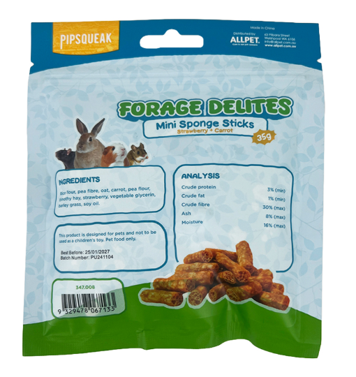 Pipsqueak Forage Delites Sponge Sticks Strawberry and Carrot 35g