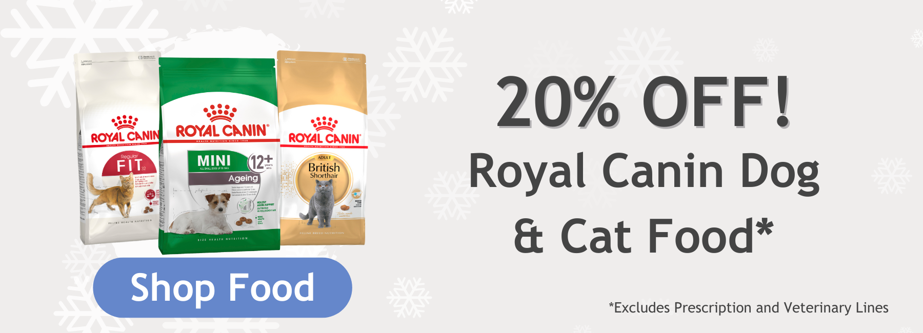 3 bags of royal canin including Fit, Mini Adult 12+ and British Shorthair to highlight promotion