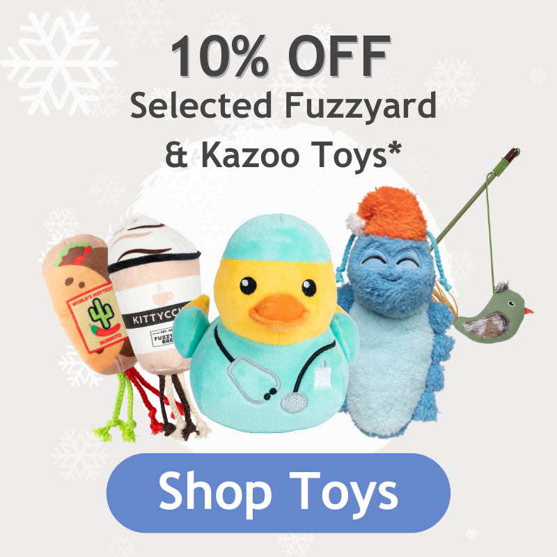 Group of Dog and Cat toys including Fuzzyard Burrito and Kittyccino cat toys, Fuzzyard Ducktor dog toy, Fuzzyard Blue Bed Bug toy and Kazoo Green Cat wand with green bird