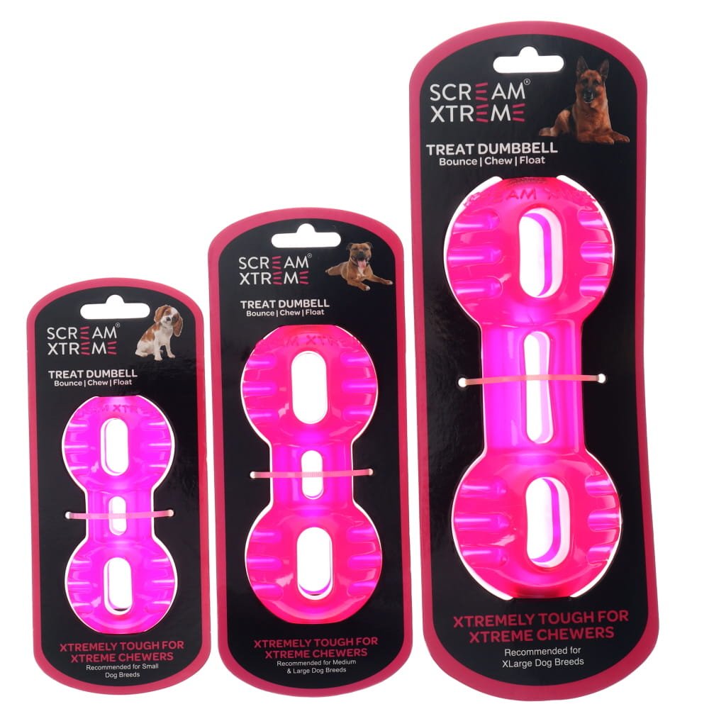 Scream Xtreme Treat Dumbbell Loud Pink Dog Chew Toy - RSPCA VIC