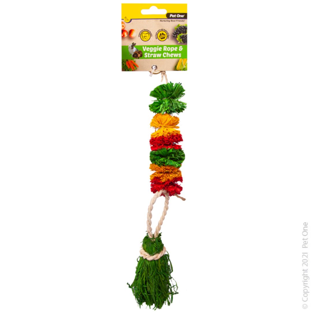 Pet One Small Animal Veggie Rope And Straw Chew Hanging Pom Poms - RSPCA VIC