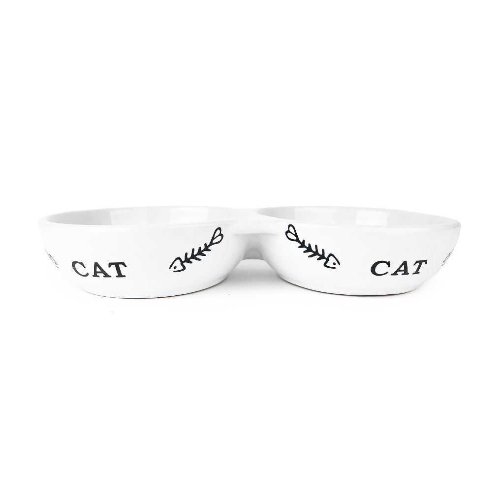 Cattitude Ceramic Double Bowl Fishbone White - RSPCA VIC